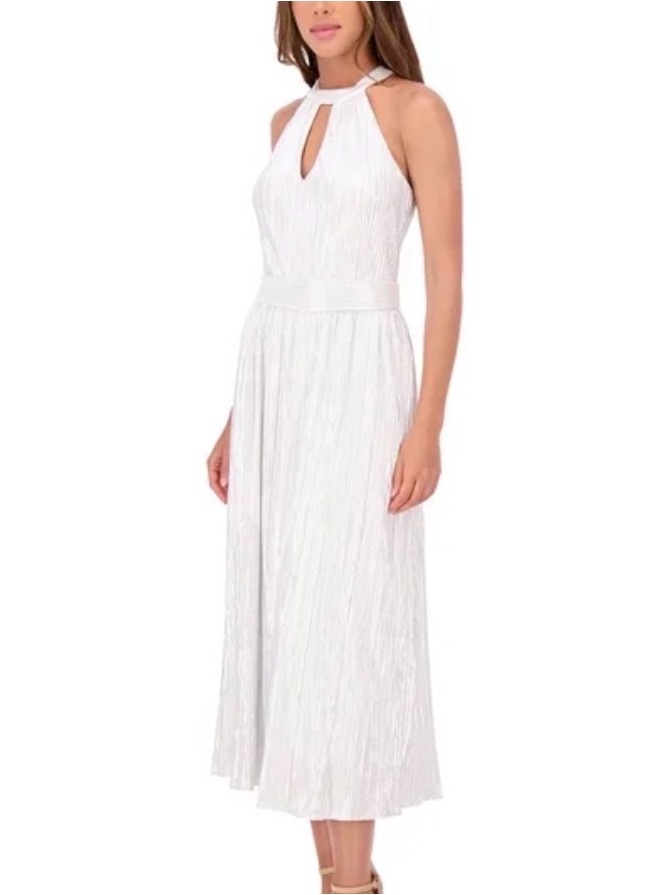 Kensie Silver Metallic Foiled Pleated Keyhole Cutout Midi Dress Size 8